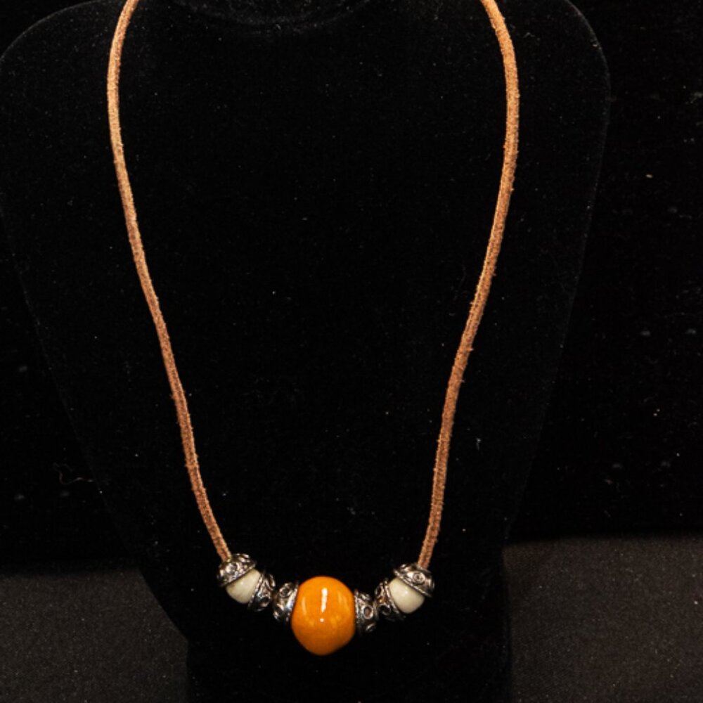 18" Leather Strap Necklace with 14MM Orange Bead and white Beads